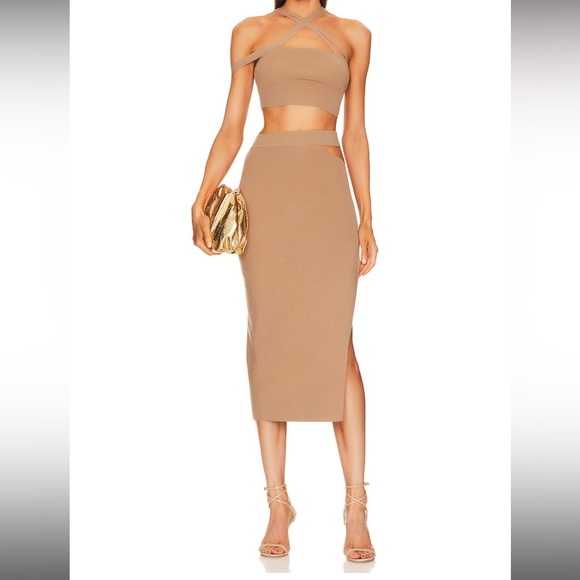 Ismane Knit Crop Top & Midi Skirt in Taupe - Picture 2 of 3